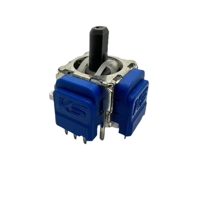 Trueaxis – Joystick module with black stick and two blue KS casings, side-angle view on a white background