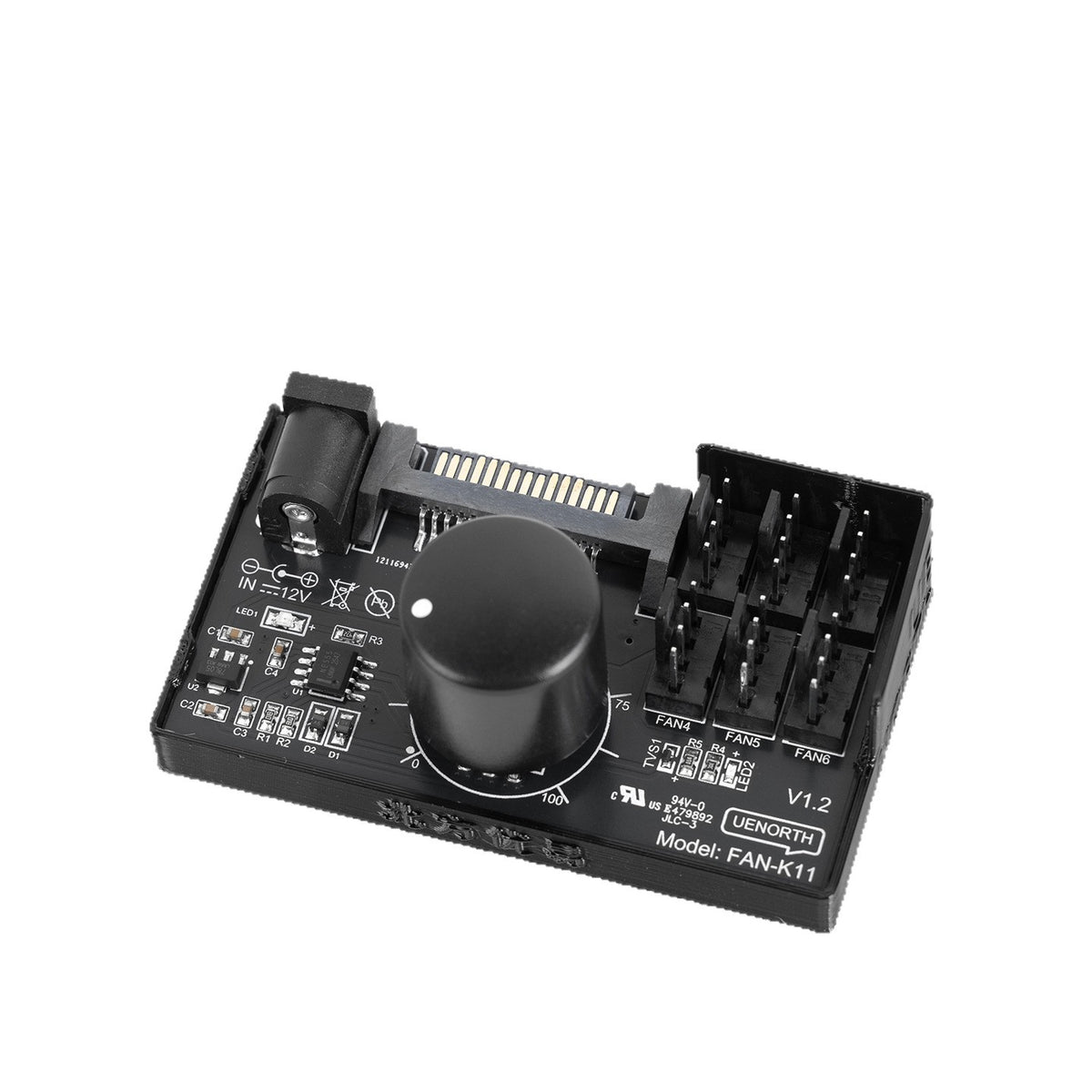 Dialhub – Controller board on white background, angled top view of knob, SATA connector and six fan headers