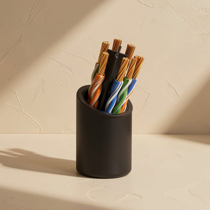 Linkweave – Cross-section of twisted-pair copper wires in orange, blue and green inside a black cylindrical holder
