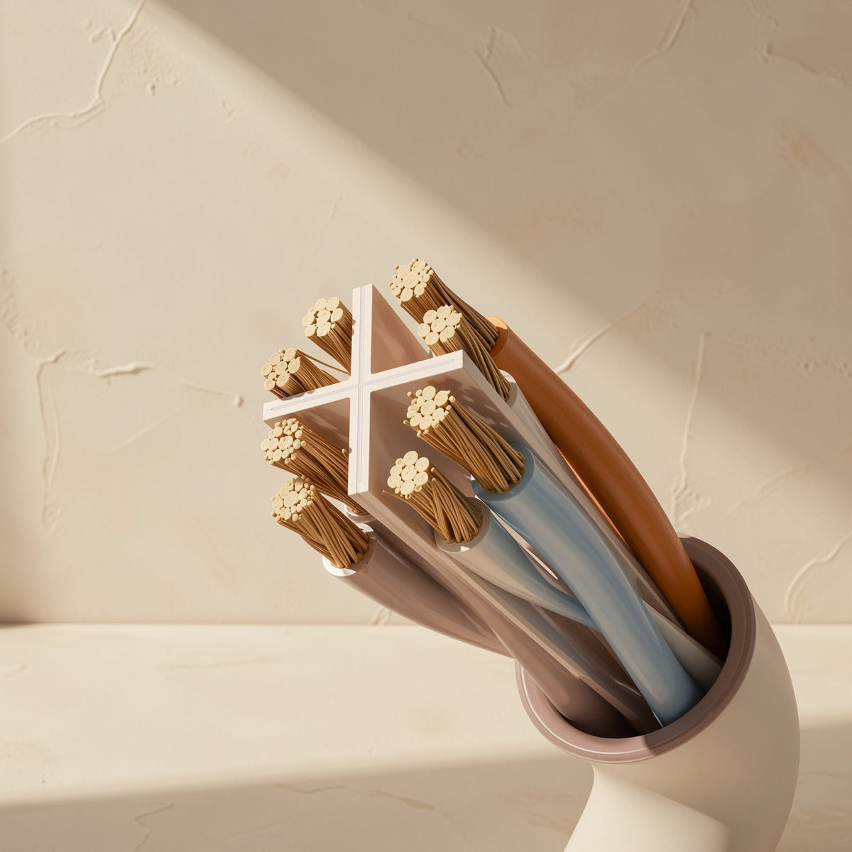 Linkweave – Close-up of copper conductors, a white cross divider and colored insulated wires in a cable end