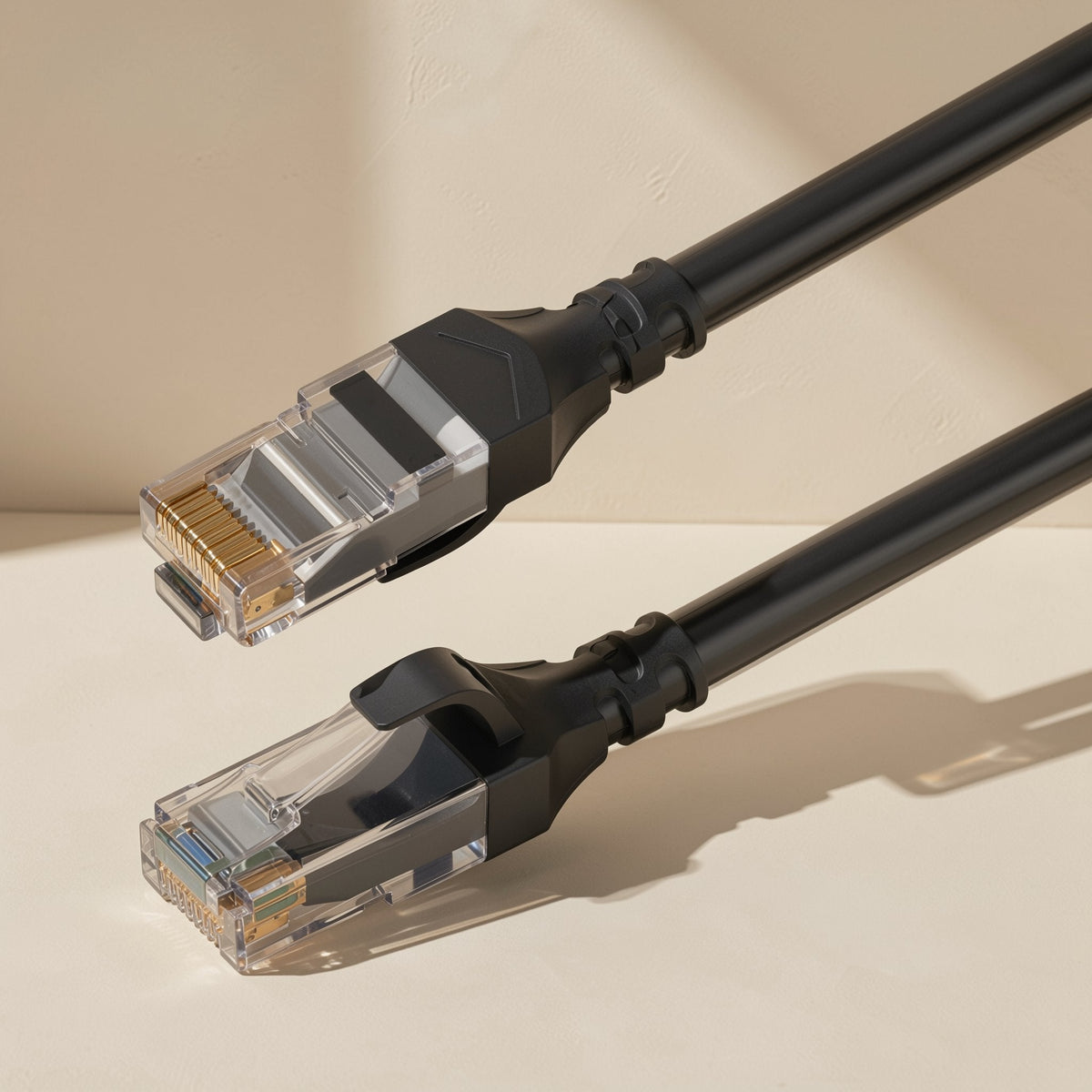 Linkweave – Two black RJ45 connectors with clear housings and gold contacts angled over a cream surface