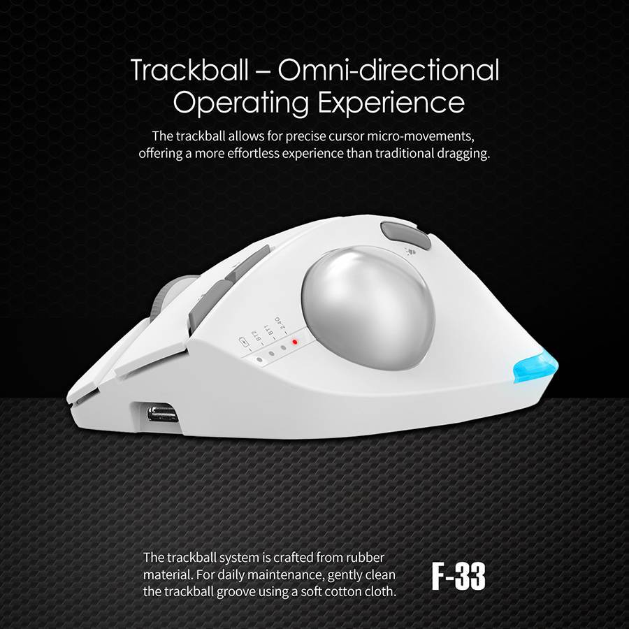 Rollbit – White trackball mouse side view showing USB-C port, indicator lights and silver ball