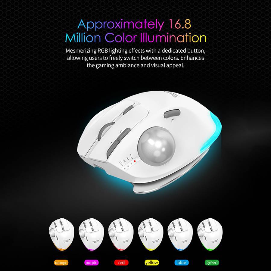 Rollbit – White trackball mouse with blue glow above a row of six light colours: orange, purple, red, yellow, blue, green
