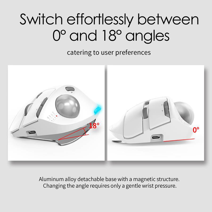 Rollbit – Side-by-side white trackball mouse at 18° tilt and flat 0° on its detachable aluminum base