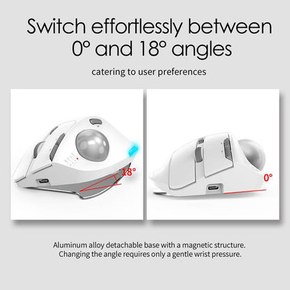 Rollbit – Side-by-side white trackball mouse at 18° tilt and flat 0° on its detachable aluminum base