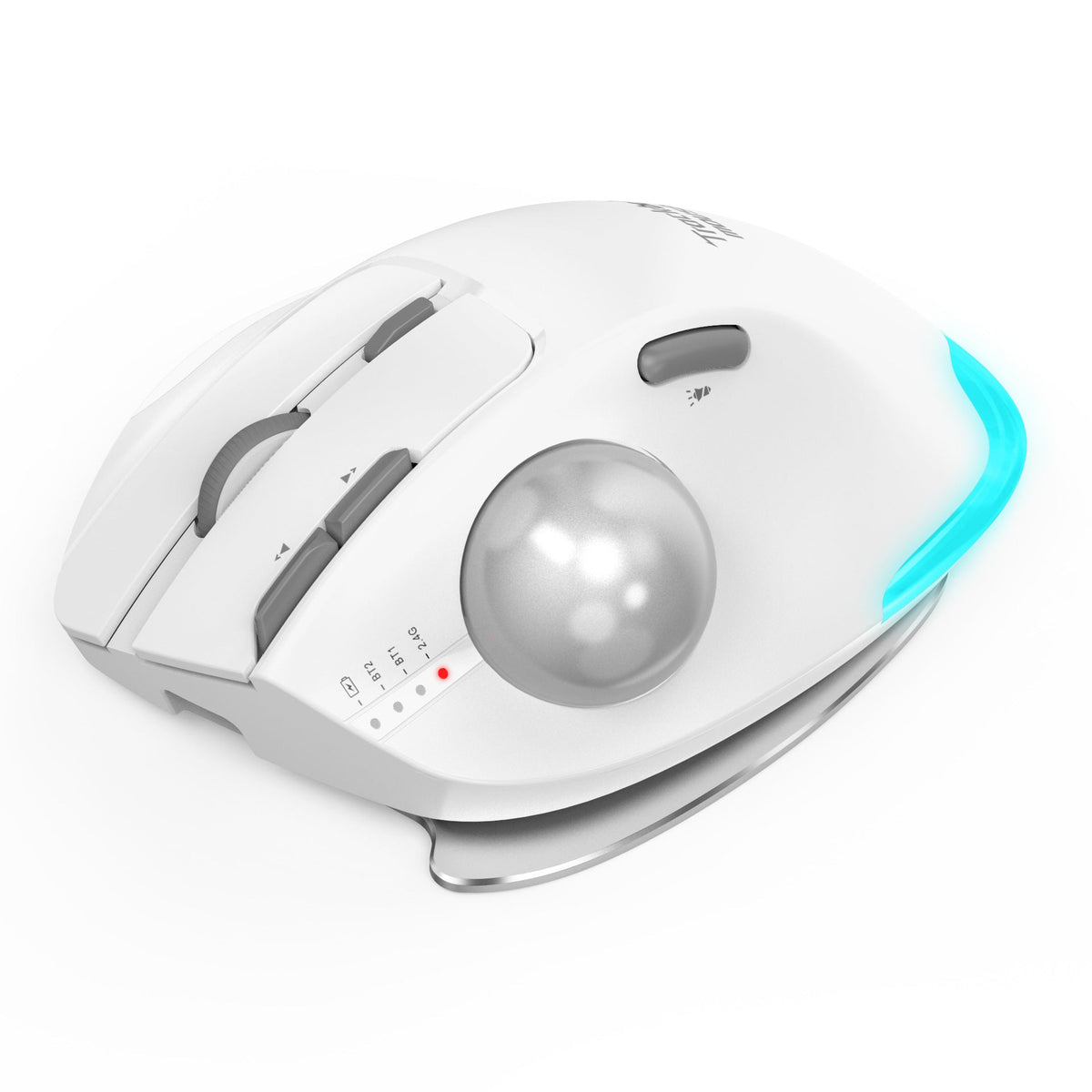 Rollbit – White wireless trackball mouse from above at an angle, with silver ball, grey buttons and blue light