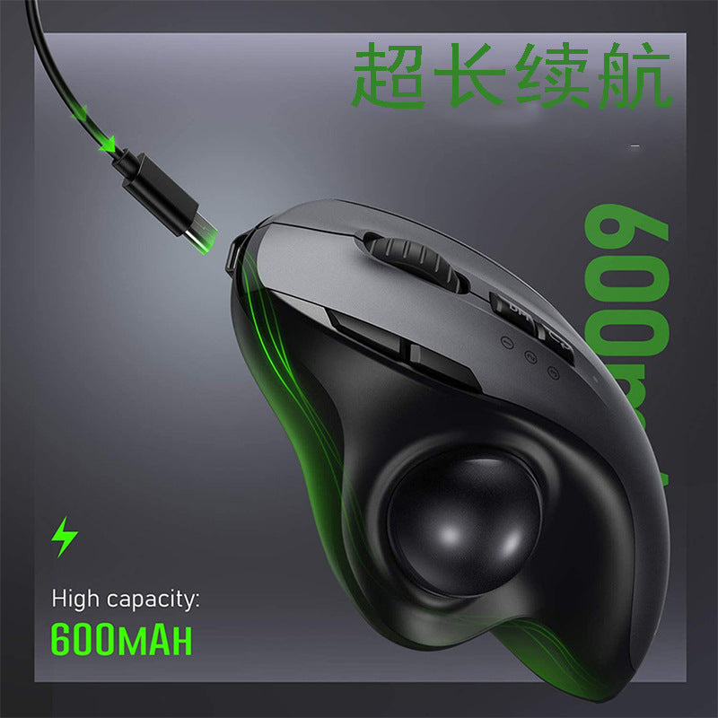 Rollumen – Black trackball mouse with a USB-C cable plugged in and green glow highlighting its 600mAh battery