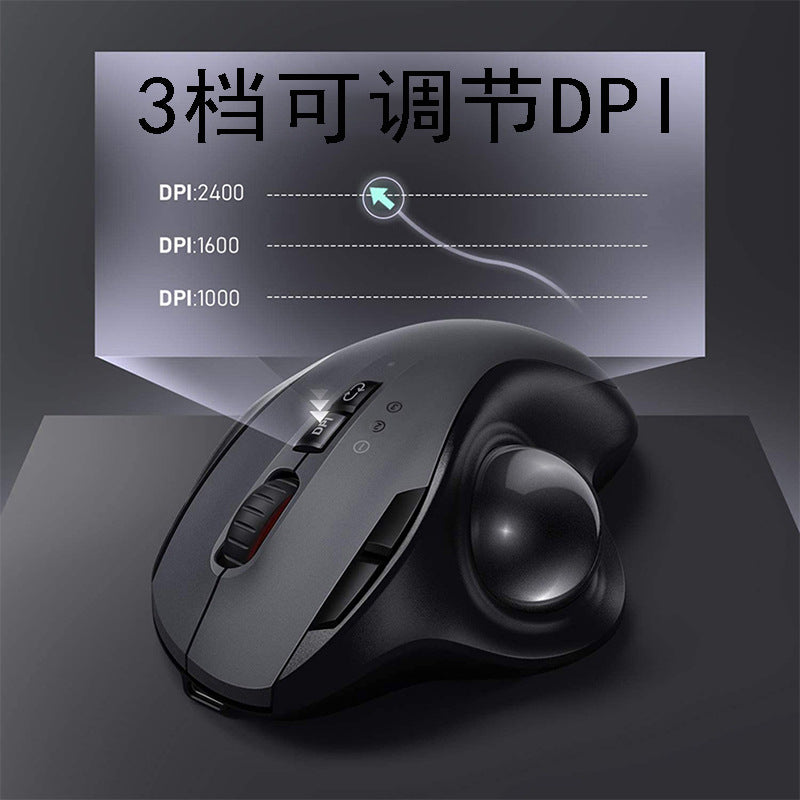 Rollumen – Trackball mouse from above with a DPI button, showing 1000, 1600 and 2400 DPI levels on a dark surface