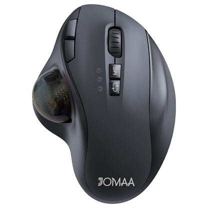 Rollumen – Top view of a dark gray trackball mouse with a clear ball on the left side and DPI and mode buttons