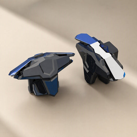 Gameglide – Pair of black and blue angular mobile game triggers on a beige background, front and side view