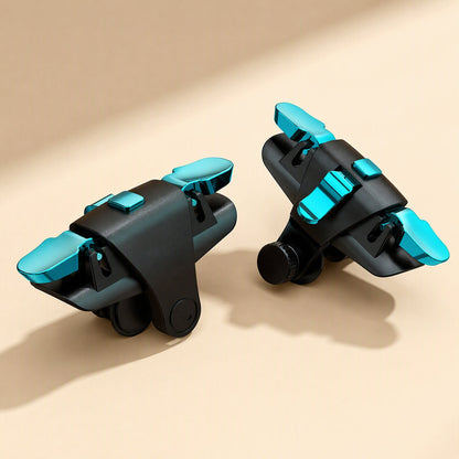 Gameglide – Pair of black triggers with teal metallic buttons and round knobs, angled three-quarter view