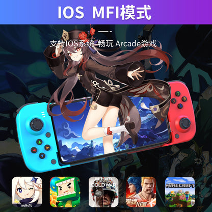 Flexplay – Blue and red stretch controller gripping a phone showing anime artwork, with game app icons below