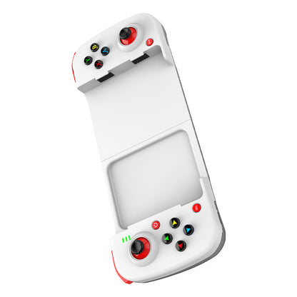Flexplay – White stretch controller with red joysticks and colorful buttons, shown empty and extended on a plain background