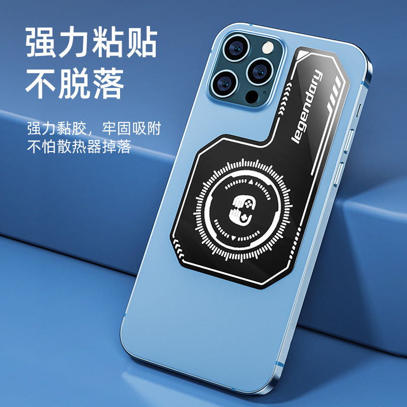 Thermofone Silicone Mobile Phone Radiator Accessory, black heat plate stuck on back of a blue phone