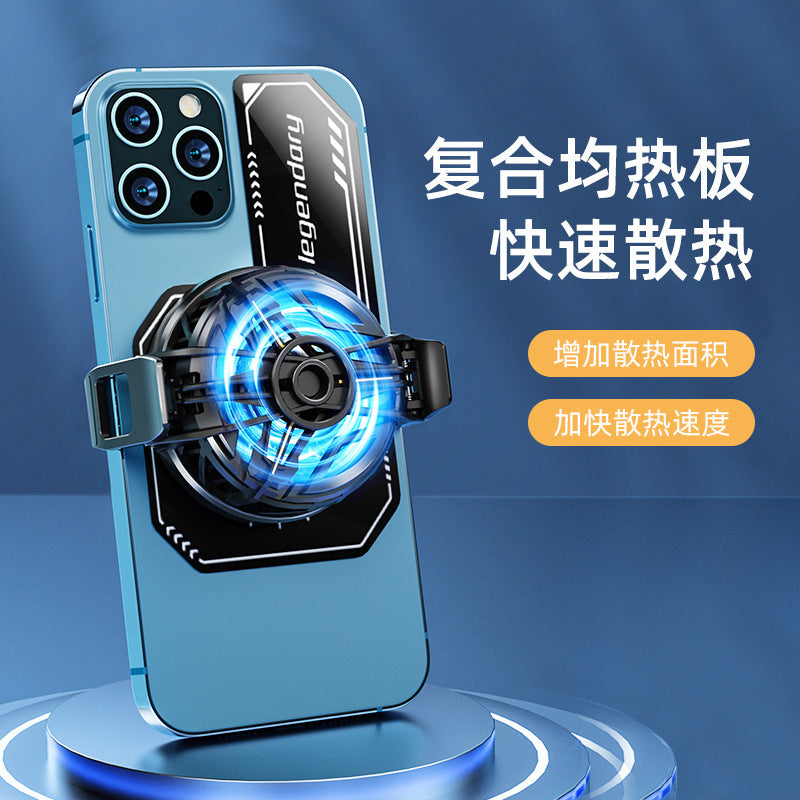 Thermofone – Clip-on cooling fan attached over the black radiator plate on a blue smartphone, with glowing blue airflow