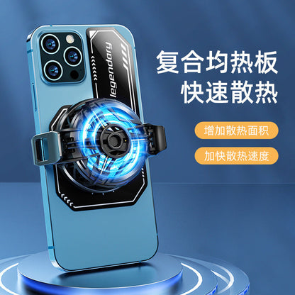 Thermofone – Clip-on cooling fan attached over the black radiator plate on a blue smartphone, with glowing blue airflow