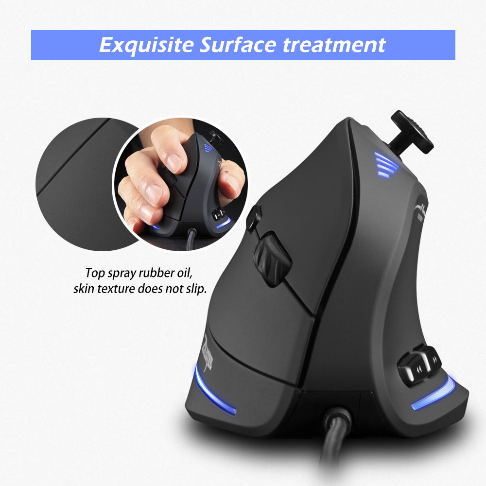 Rockerift – Black vertical mouse angled from the front, with an inset of a hand gripping it and a close-up of the textured