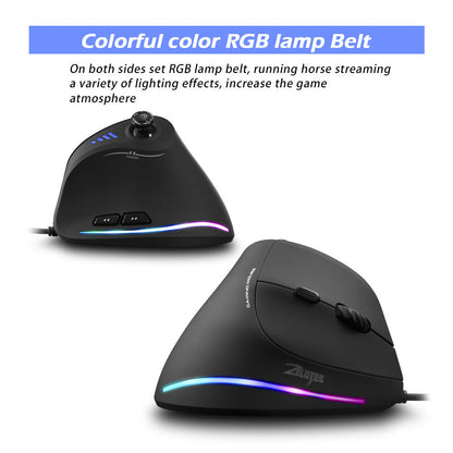 Rockerift – Two black vertical mice from the side and front, RGB light strips glowing along the base in rainbow colors