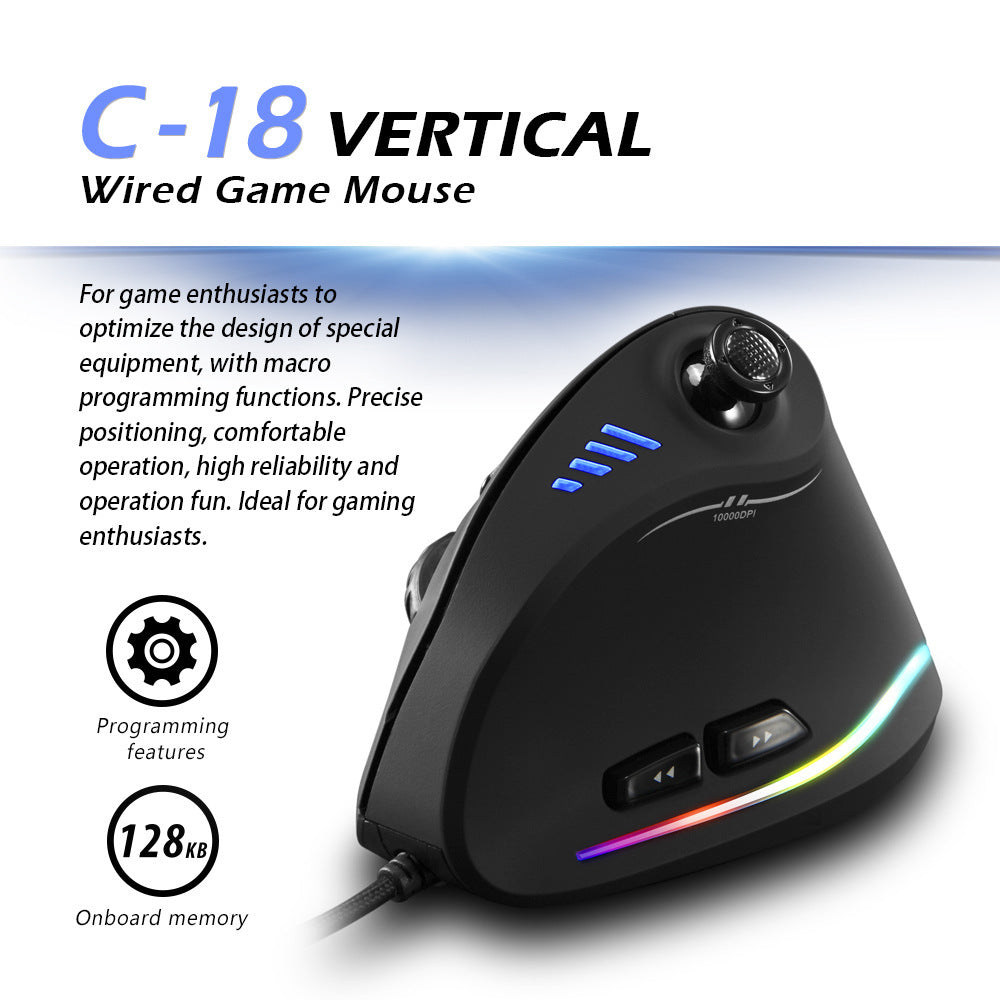 Rockerift – Black vertical gaming mouse from the front, showing the joystick, blue indicator lights, two side buttons and