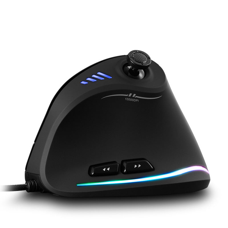 Rockerift – Black vertical mouse in side view on a white background, with the joystick, blue lights, side buttons and RGB