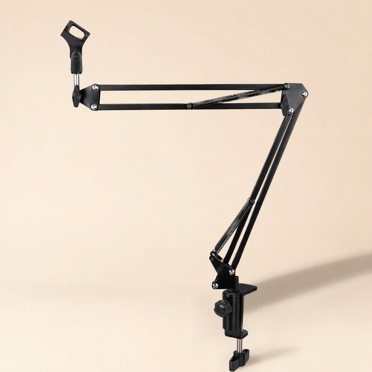 Standfold – Side view of the black folding mic stand with its arm angled left and clamp screw visible at the base