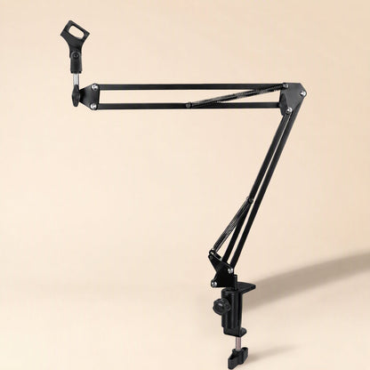 Standfold – Side view of the black folding mic stand with its arm angled left and clamp screw visible at the base