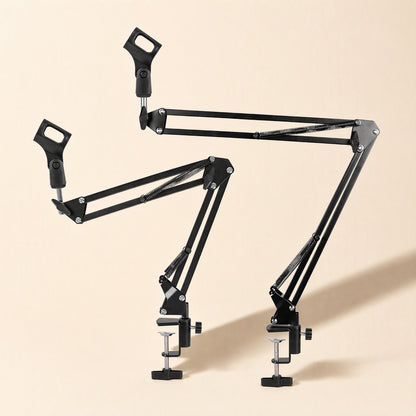Standfold – Two black mic stands side by side, one arm extended high and one lower, each with a desk clamp