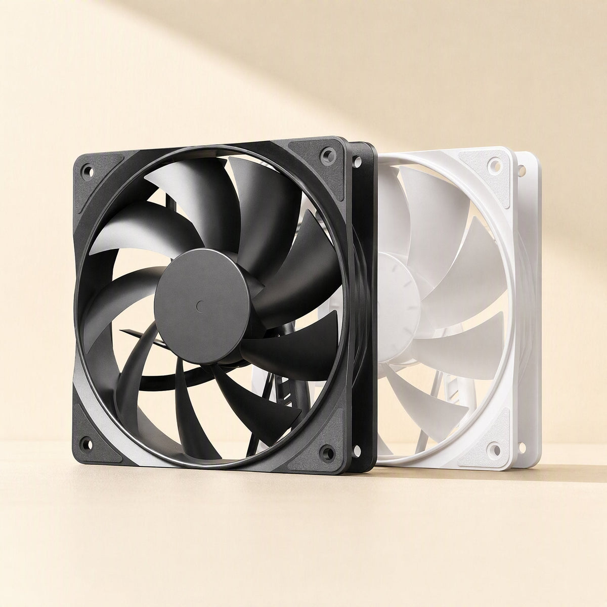 Fanwhisper Desktop Cooling Fan in black and white, shown side by side on a beige backdrop