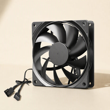 Fanwhisper Desktop Cooling Fan – black 12cm cooling fan with two black connector cables trailing from the frame, angled view