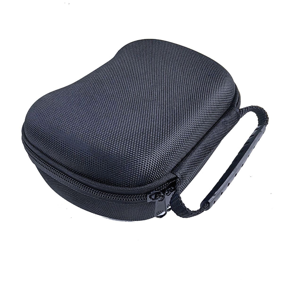Stashpod – Black nylon game controller case with zipper and rubber carry handle, seen from a three-quarter angle