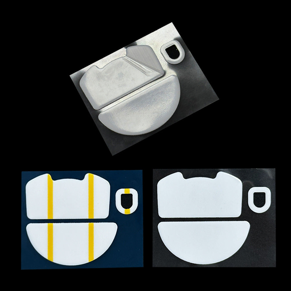 Slidenock – Foot pad set shown three ways: a metal-backed sheet, a blue backing with yellow guides, and a black backing