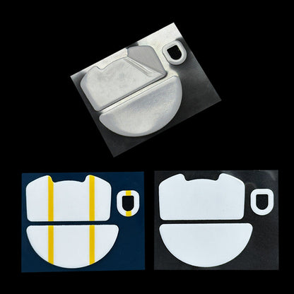 Slidenock – Foot pad set shown three ways: a metal-backed sheet, a blue backing with yellow guides, and a black backing