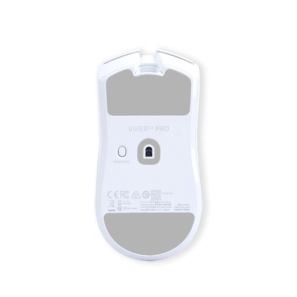 Slidenock – White Viper V3 Pro mouse seen from below with gray foot pads installed, on a plain white background
