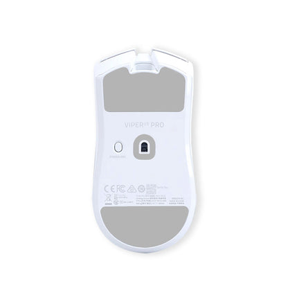 Slidenock – White Viper V3 Pro mouse seen from below with gray foot pads installed, on a plain white background