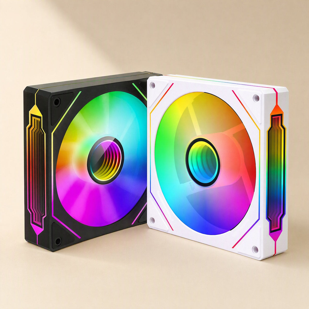 Lightspin 12cm ARGB PWM Chassis Fan in black and white, side by side with rainbow lighting on a beige backdrop