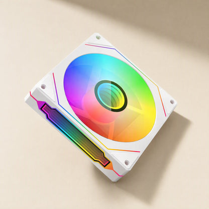 Lightspin – White fan angled from above, showing the rainbow-lit side edge panel and glowing center hub