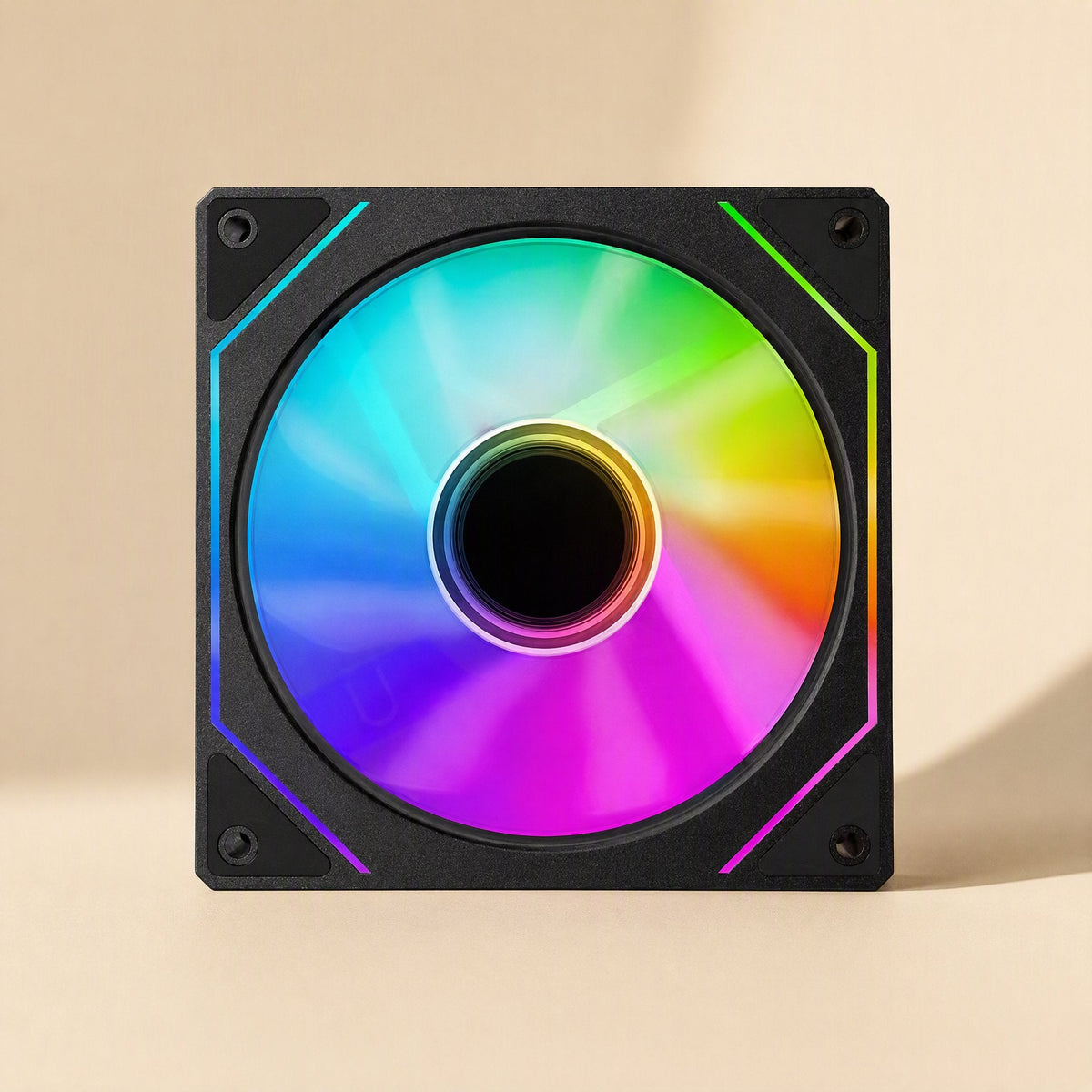 Lightspin – Black fan viewed straight on, with a colorful gradient on the blades and lit trim along the corners