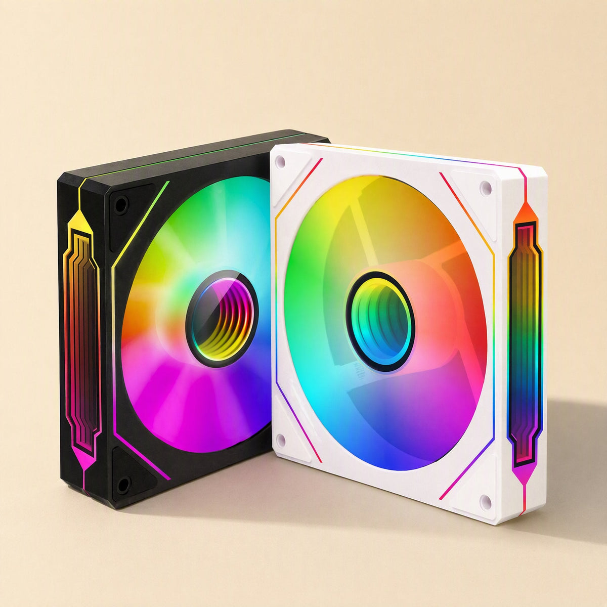 Lightspin – Black and white fans leaning together, showing rainbow side strips and infinity-mirror center hubs