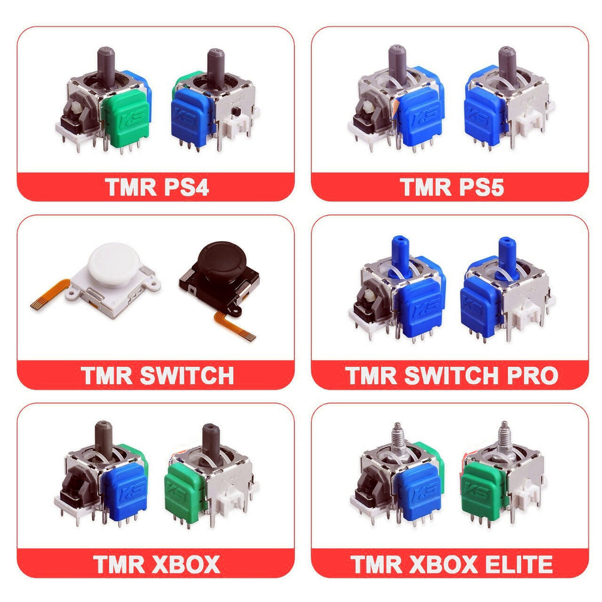 Haldrift Hall Effect joystick modules in a grid of six labeled TMR types for PS4, PS5, Switch, Xbox and Elite