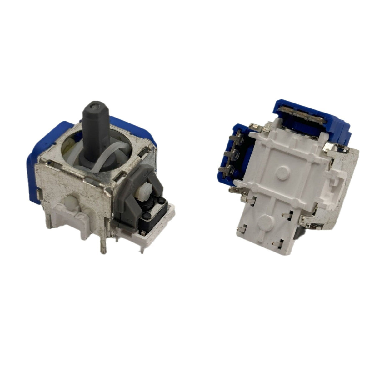 Haldrift – Two joystick modules on white, one angled to show the stick and one showing the white back with blue sides