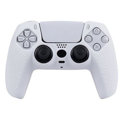 Griptek – White silicone cover fitted on a PS5 controller, front view showing textured dot grips on both handles