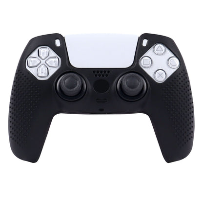 Griptek – Black silicone cover on a PS5 controller, front view with dotted grip pattern and the touchpad left visible