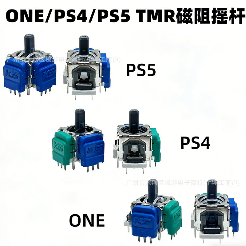 Driftlo Hall Electromagnetic Joystick comparison chart of blue and green TMR modules for PS5, PS4 and Xbox One
