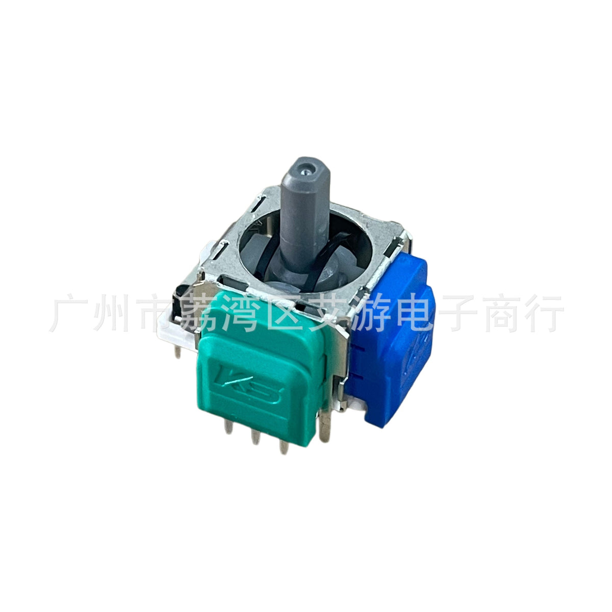Driftlo – Joystick module with green and blue sensor housings and gray thumbstick, three-quarter view