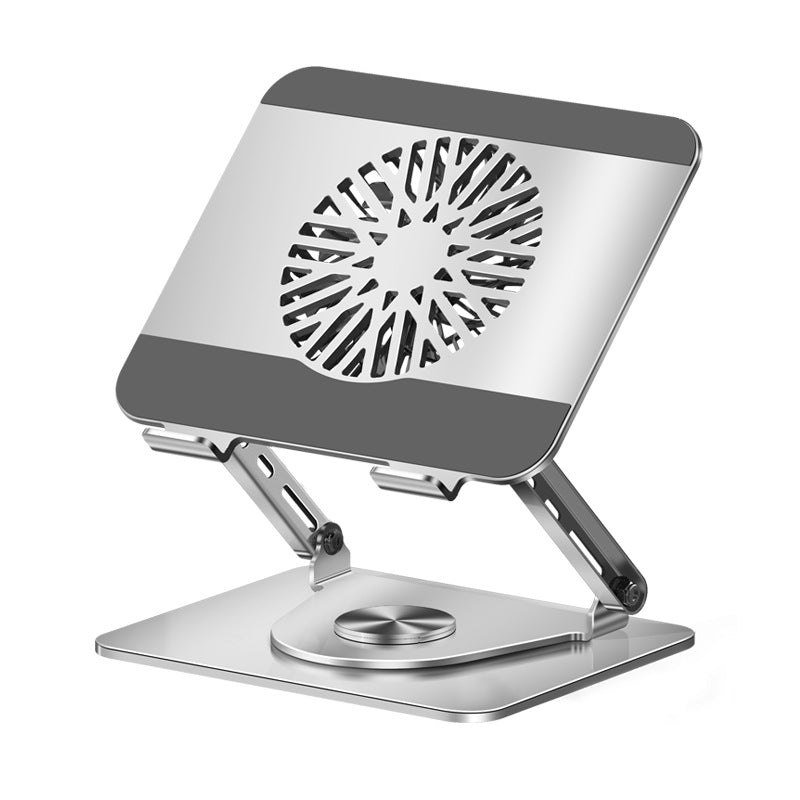 Pivotsteel – Silver and grey laptop stand on white background, circular fan grille on the platform and round rotating base
