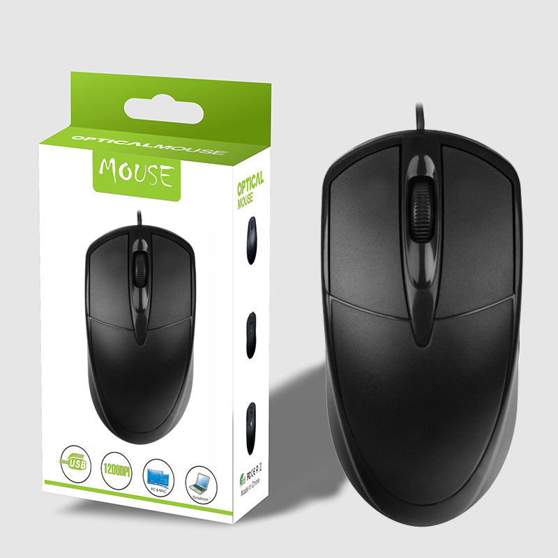 Desklick – Black optical mouse in front of its white and green MOUSE retail box showing USB and 12000 DPI icons