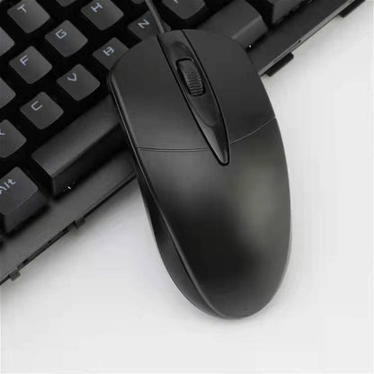 Desklick USB Wired Computer Mouse – black wired mouse from above resting next to a black keyboard on a white surface