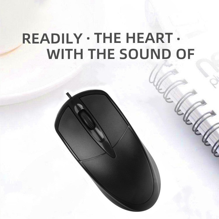 Desklick – Top view of black mouse with scroll wheel on a white desk beside a spiral notebook and text overlay