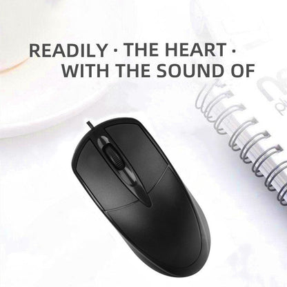 Desklick – Top view of black mouse with scroll wheel on a white desk beside a spiral notebook and text overlay