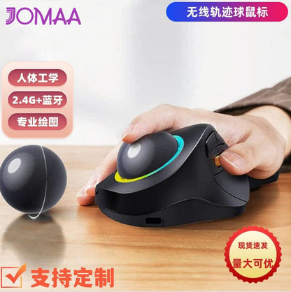 Rollwise Wireless Trackball Mouse in black with RGB ring, hand on ball, loose 44mm trackball beside it on a desk